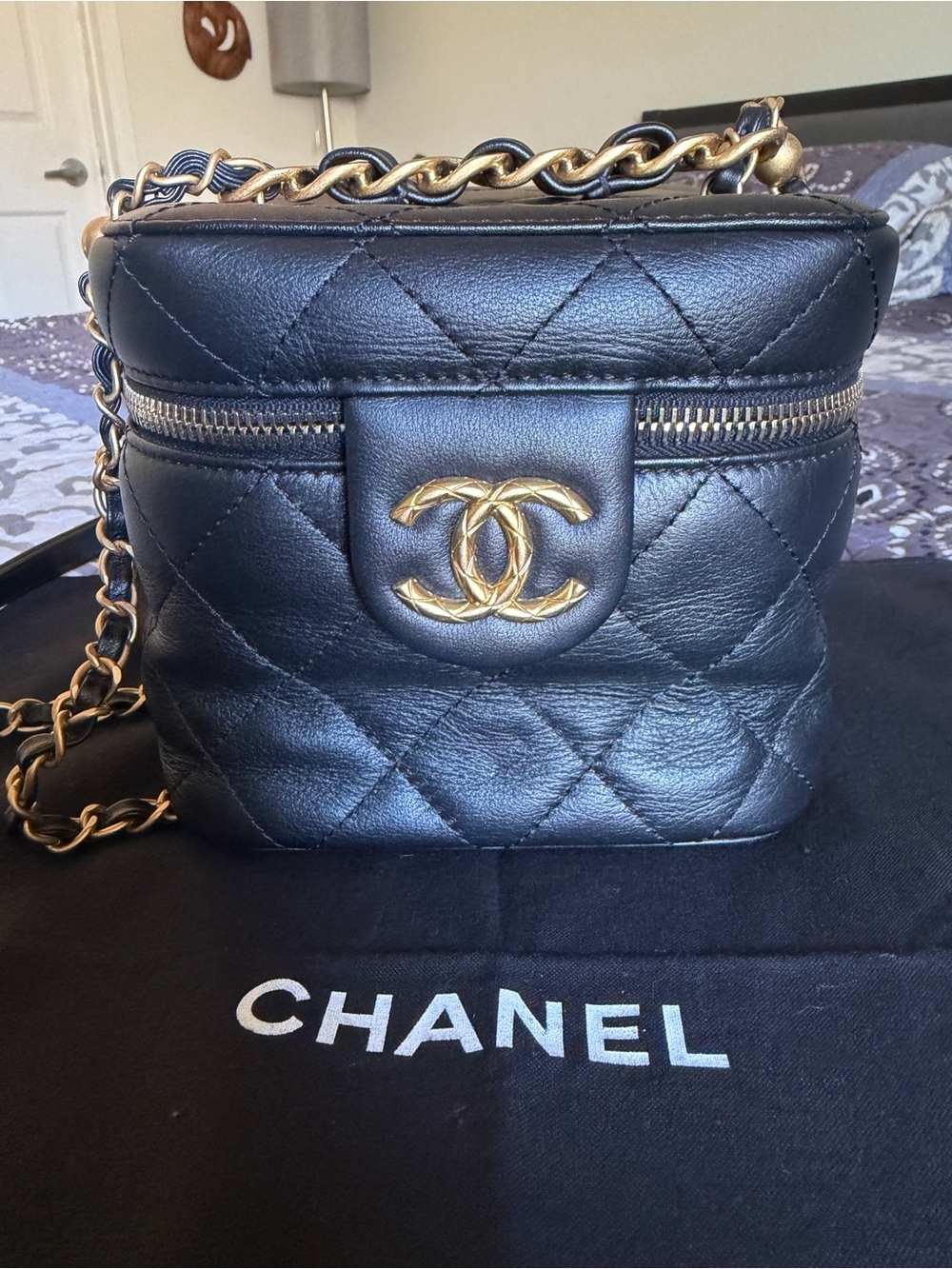 CHANEL Black Quilted Vanity Crossbody Bag with Gold Hardware -